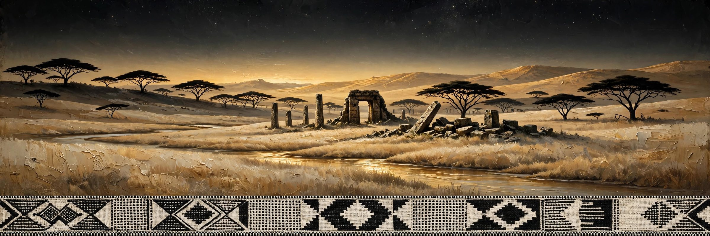 Ancestral savanna at dusk with acacia trees, ancient stone ruins, a winding river, and a woven mudcloth border